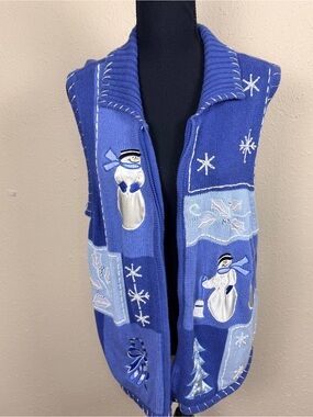 Blair Vintage Royal Blue Knit Holiday Vest with Snowman Detail Cotton Ramie